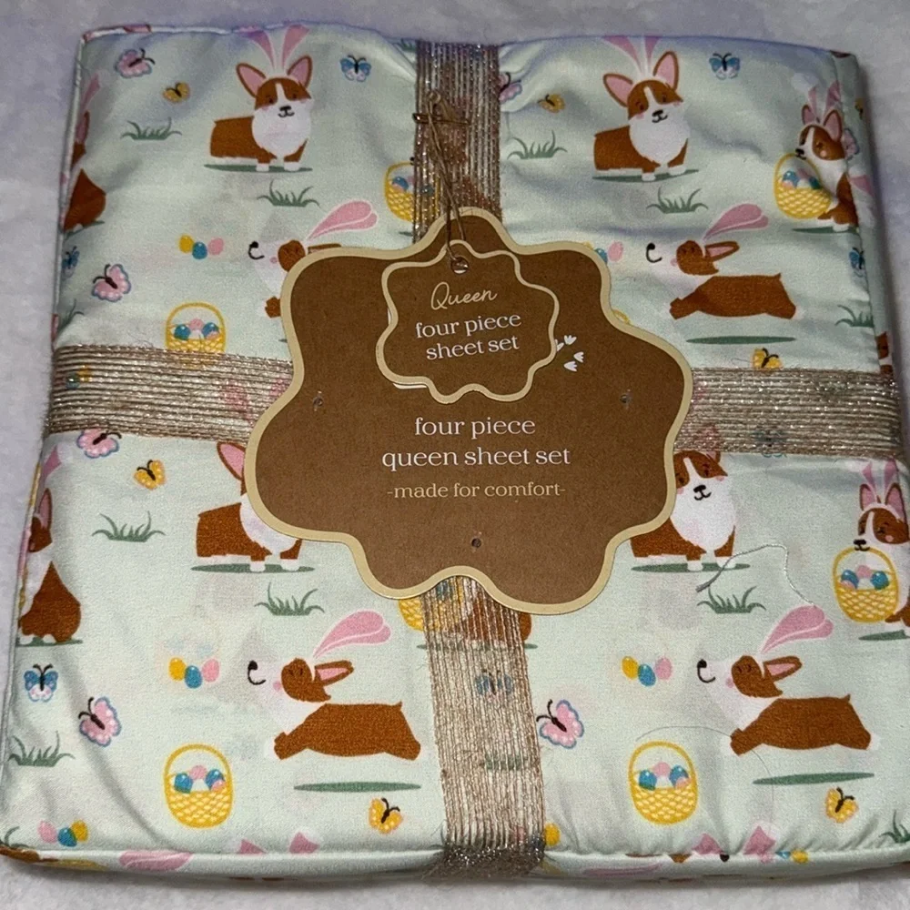 Easter corgi dog four piece queen sheet set. 🐣🐰